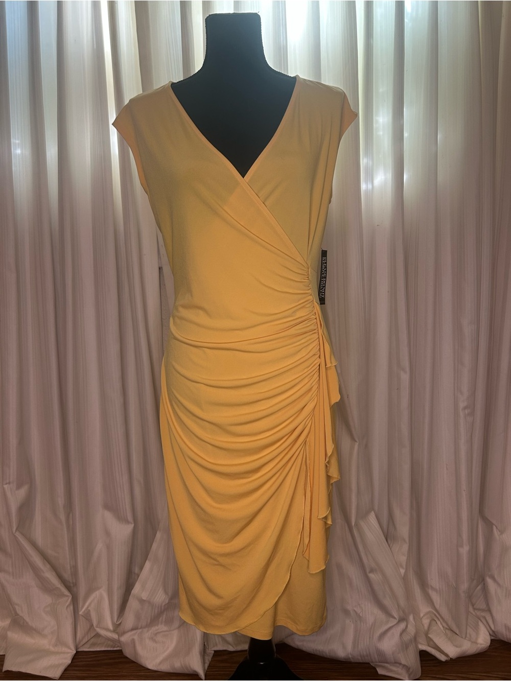 New York & Company Yellow Ruched Wrap-Style Midi Dress